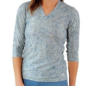 UV SKINZ UPF 50+ Sunwear Blue Green‎ Floral Rashguard 3/4 Sleeve Top EUC Size M